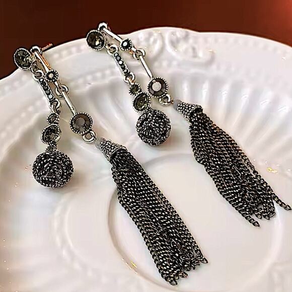 Antique Silver Rhinestone Earring Round Ball Long Fringe Tassel Earrings Boho - Picture 11 of 12